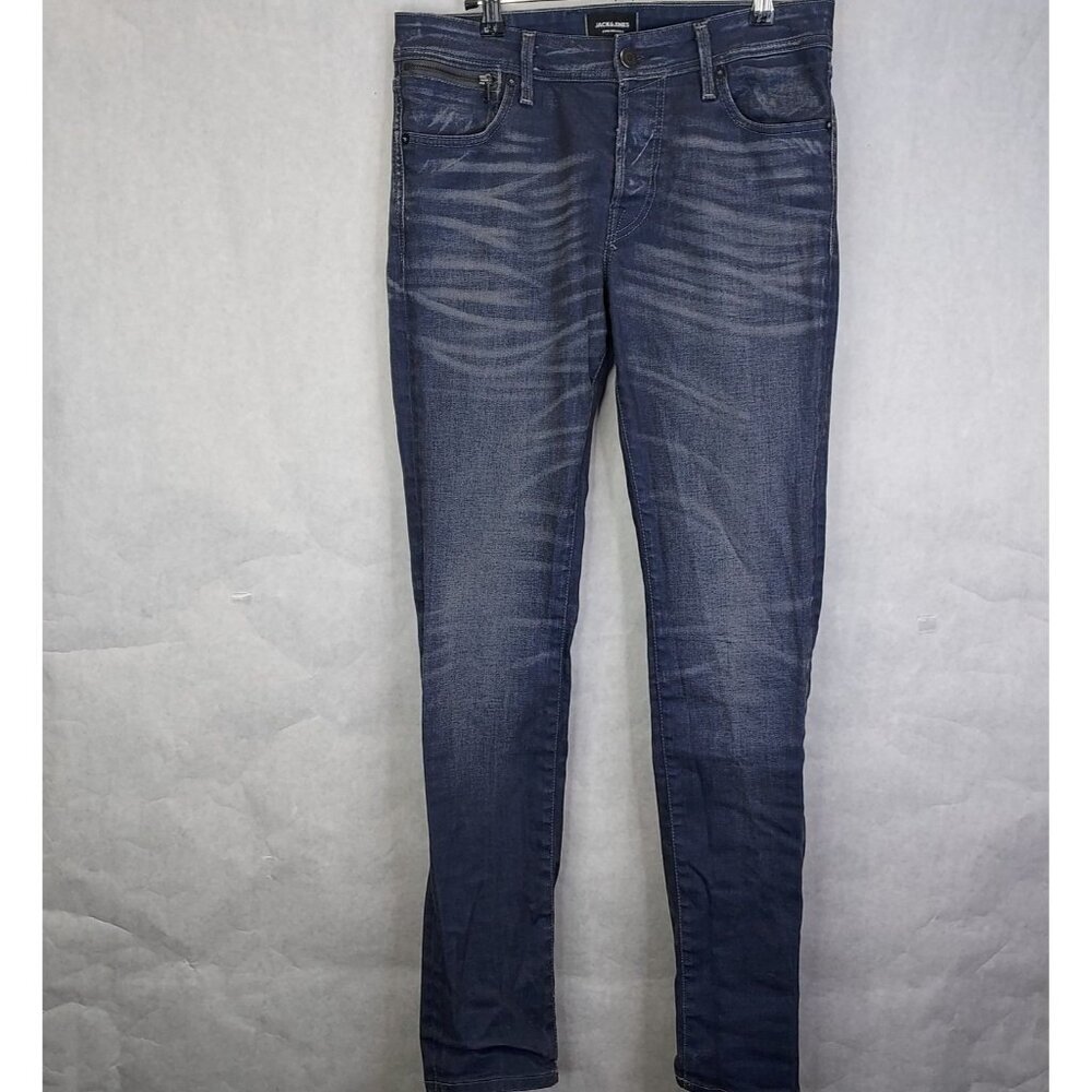 JACK & JONES Slim Fit Tim Jeans Men's W31 L34 Whiskering Button Fly Stretch Blue
